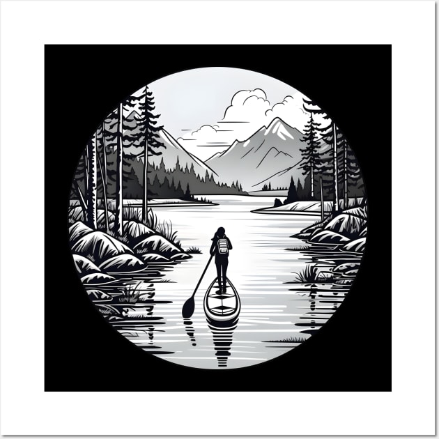 Serene Lake Paddleboarding Adventure Illustration Wall Art by AIHRGDesign